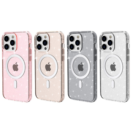 For Apple iPhone 14 /Plus Pro Max Transparent Glitter Bling Sparkly Hybrid Hard PC TPU Grip Shockproof Compatible with MagSafe  Phone Case Cover