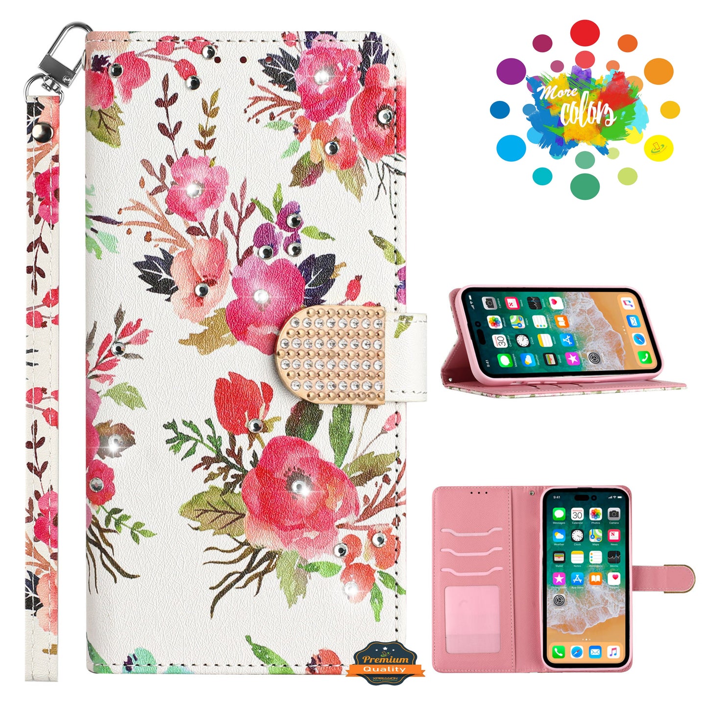 For Apple iPhone 14 Pro Max (6.7") Fashion Diamond Bling Design Wallet Pouch Card Slots Leather With Lanyard  Phone Case Cover