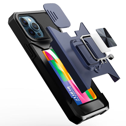 For Apple iPhone 14 Pro (6.1") Wallet Case with Ring Stand & Slide Camera Cover Credit Card Slot Holder, Military Grade Blue Phone Case Cover