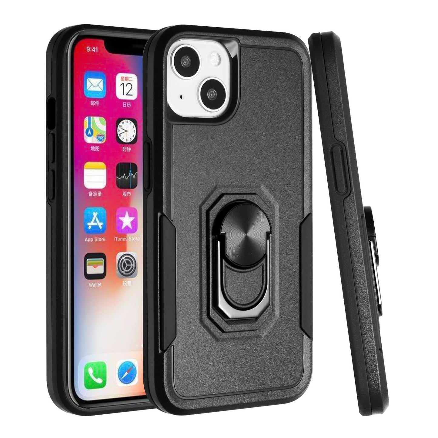 For iPhone 14 Pro (6.1") Hybrid Tough Strong Dual Layer Hard PC TPU with Magnetic Ring Stand Heavy-Duty Armor Design  Phone Case Cover