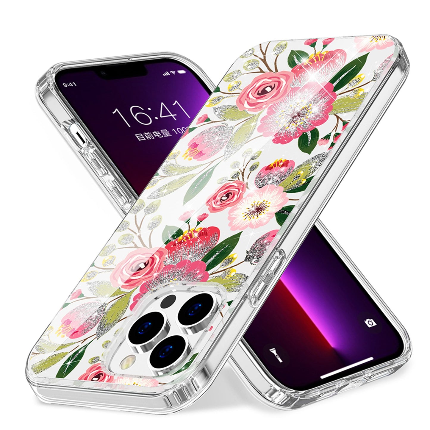 For Apple iPhone 14 Pro Max (6.7") Beautiful Laser Glitter Design Pattern Hybrid Gummy Hard PC TPU Shockproof  Phone Case Cover