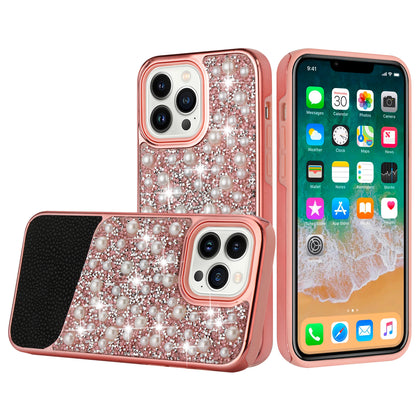For Apple iPhone 14 Pro (6.1") Bling Pearl Diamonds Design Glitter Hybrid Thick Hard TPU Shiny Protective Rubber Frame  Phone Case Cover