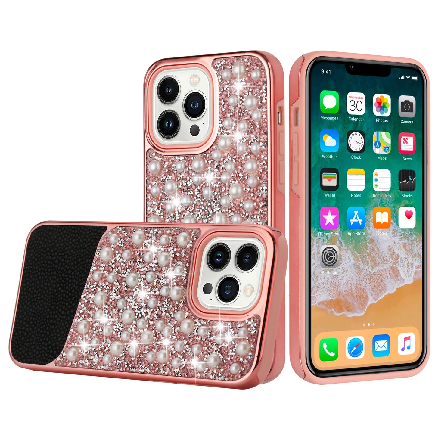 For Apple iPhone 14 Pro Max (6.7") Bling Pearl Diamonds Design Glitter Hybrid Thick Hard TPU Shiny Protective Frame  Phone Case Cover