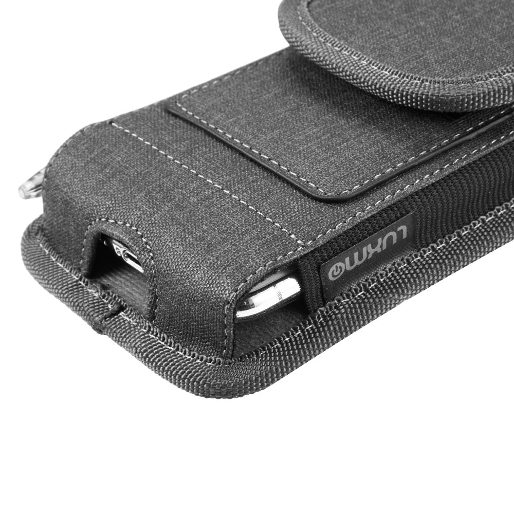 For Samsung Galaxy A23 5G Universal Vertical Fabric Case Holster with Dual Credit Card Slots, Belt Loop & Carabiner Carrying Phone Pouch [Black]
