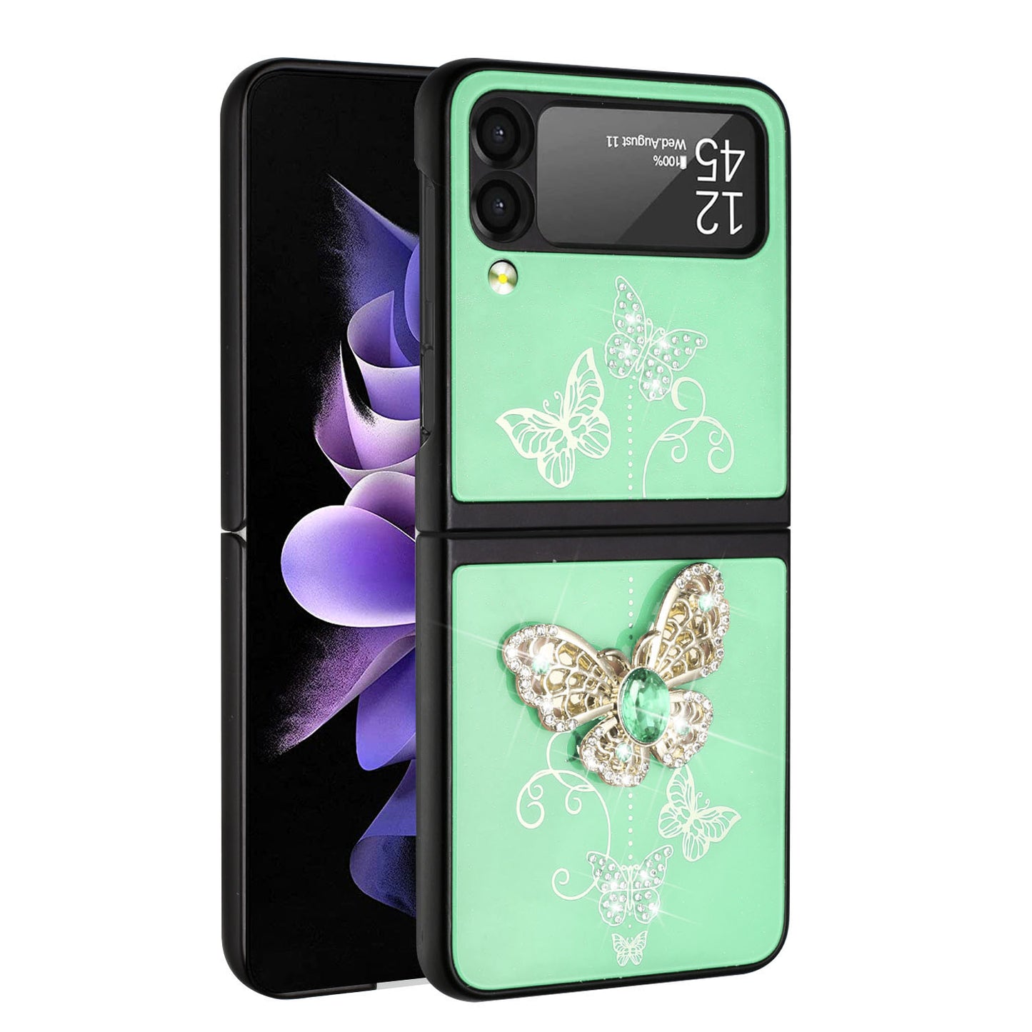 For Samsung Galaxy Z Flip 4 5G 3D Diamond Bling Sparkly Glitter Ornaments Engraving Hybrid Metal Fashion Teal Garden Butterflies Phone Case Cover