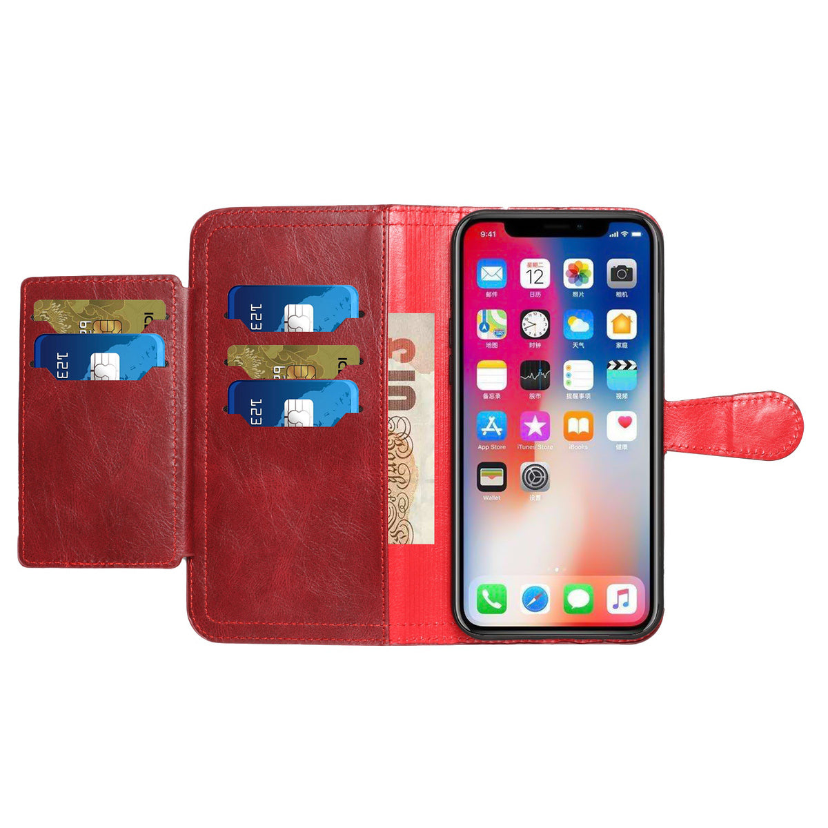 For Samsung Galaxy S22 Plus Multi Credit Card Holder Zipper Storage PU Leather Wallet Pockets Double Flap Pouch Flip Red Phone Case Cover