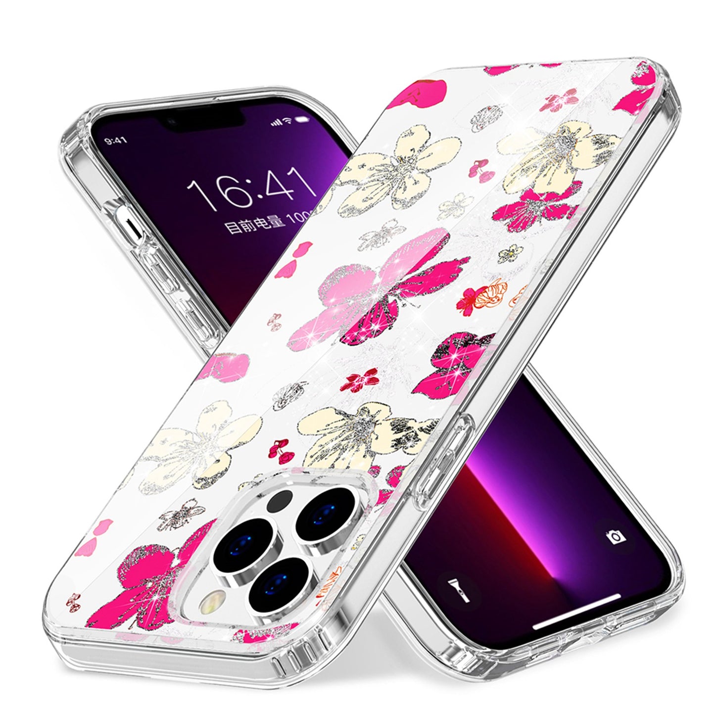 For iPhone 14 Pro (6.1") Beautiful Laser Clear Bling Glitter Design Pattern Hybrid Gummy Hard PC and TPU  Phone Case Cover