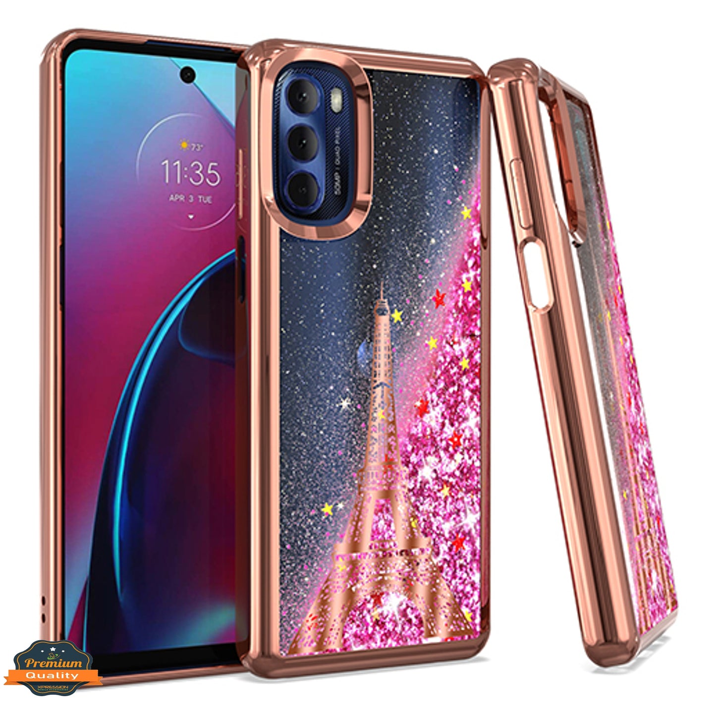 For Motorola Edge+ 2022 /Edge Plus Quicksand Liquid Glitter Bling Flowing Fashion Hybrid Rubber Chrome Plating Hard Paris Eiffel Tower Phone Case Cover
