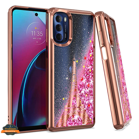 For Motorola Edge+ 2022 /Edge Plus Quicksand Liquid Glitter Bling Flowing Fashion Hybrid Rubber Chrome Plating Hard Paris Eiffel Tower Phone Case Cover