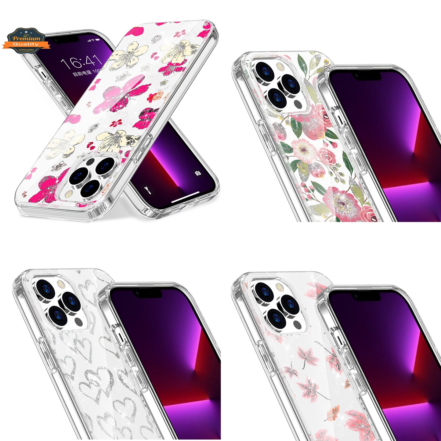 For iPhone 14 Pro (6.1") Beautiful Laser Clear Bling Glitter Design Pattern Hybrid Gummy Hard PC and TPU  Phone Case Cover