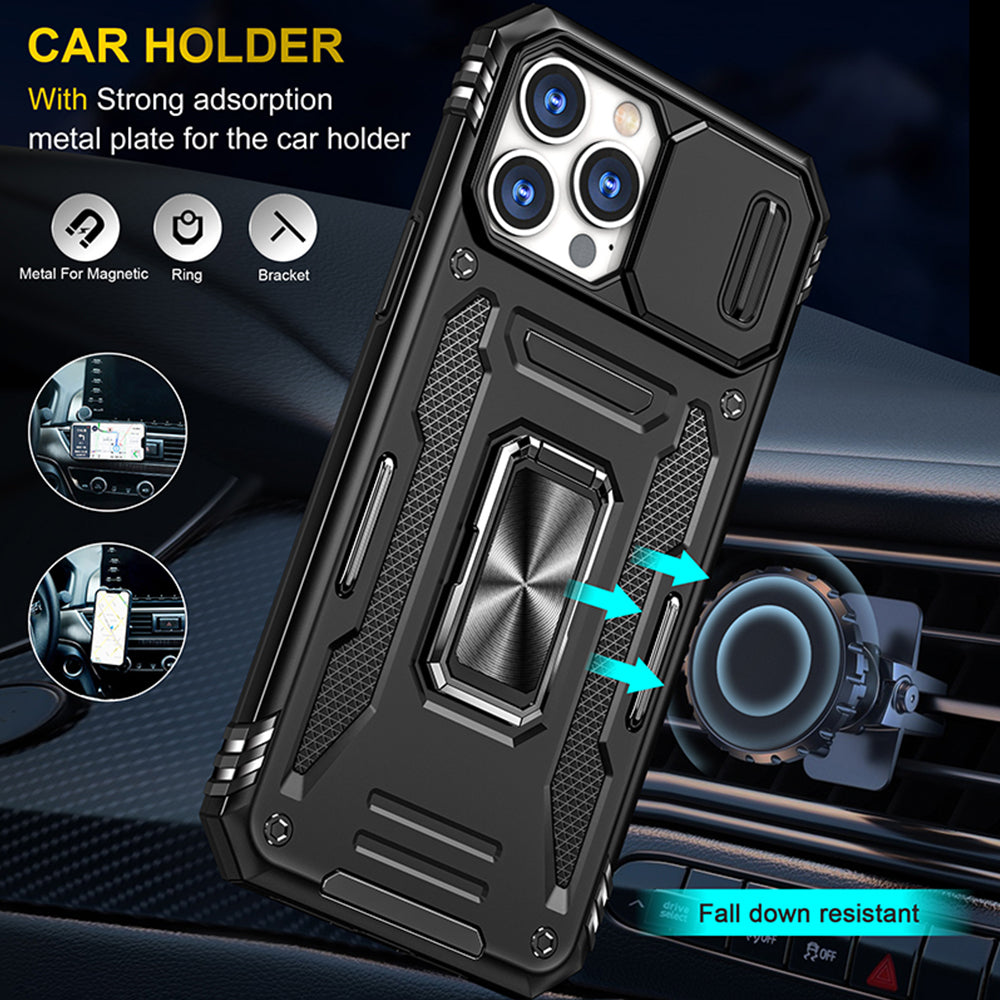 For Apple iPhone 14 /Plus Pro Max Hybrid Slide Camera Protection & 360° Rotateable Ring Stand, Heavy Duty  Phone Case Cover