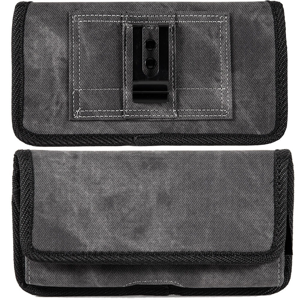 For Samsung Galaxy A52 5G Universal Horizontal Cell Phone Case Fabric Holster Carrying Pouch with Belt Clip and 2 Card Slots fit Large Devices 6.3" [Black Denim]