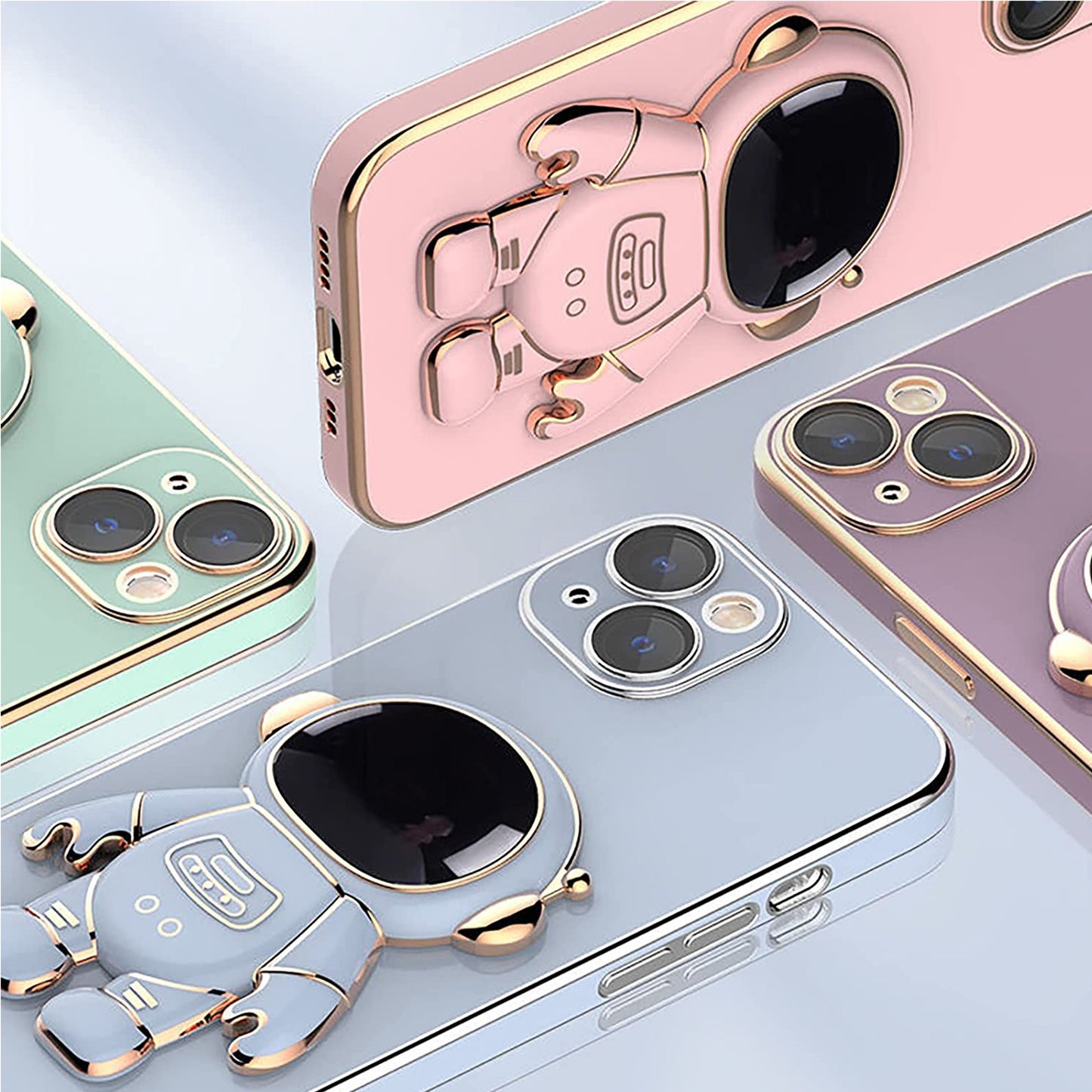 For Apple iPhone 14 /Plus Pro Max Astronaut Hidden Stand Holder Plating Hybrid Electroplated Bumper Shockproof Armor Cute  Phone Case Cover