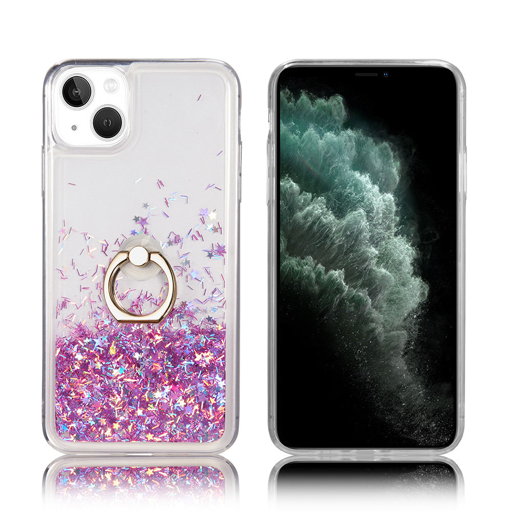 For Apple iPhone 14 /Plus Pro Max Hybrid Glitter Bling Sparkling Liquid Quicksand Sparkle TPU PC with Ring Stand Holder  Phone Case Cover