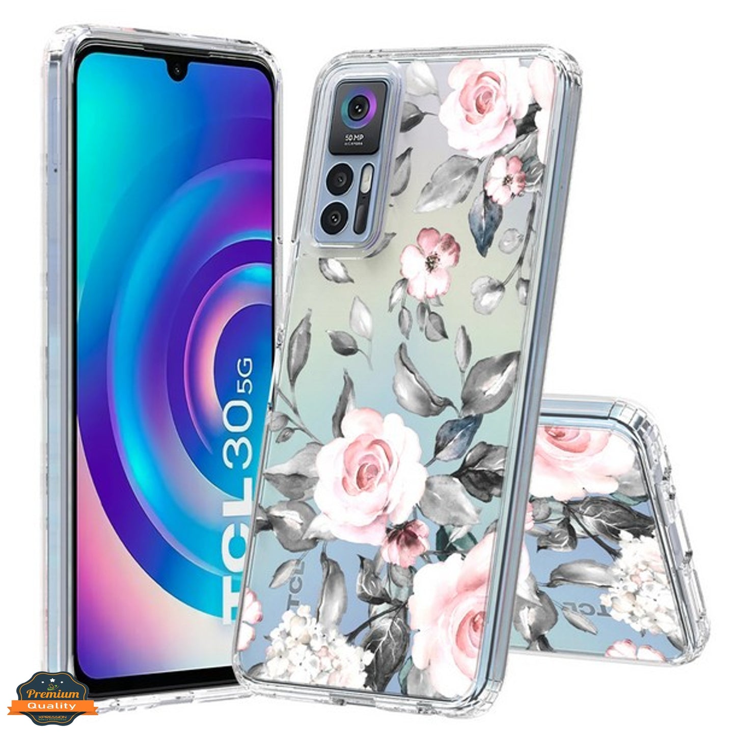 For TCL 30 5G /TCL 30+ Plus /TCL 30 Floral Patterns Design Transparent TPU Silicone Shock Absorption Hard PC Back  Phone Case Cover
