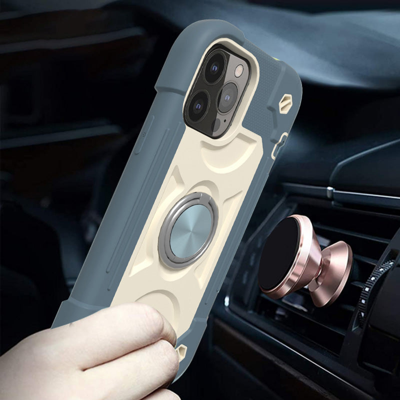 For Apple iPhone 11 (6.1") Armor Thick 3in1 Hybrid Rugged TPU Shock-Absorbing with Rotatable Double Rings Kickstand Light Blue Phone Case Cover