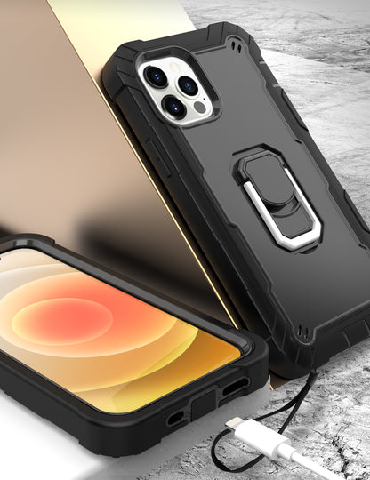 For Apple iPhone 12 Pro Max (6.7") Hybrid 3 Layers with 360° Rotatable Ring Kickstand Holder Heavy Duty Hard PC Soft Silicone Shockproof  Phone Case Cover
