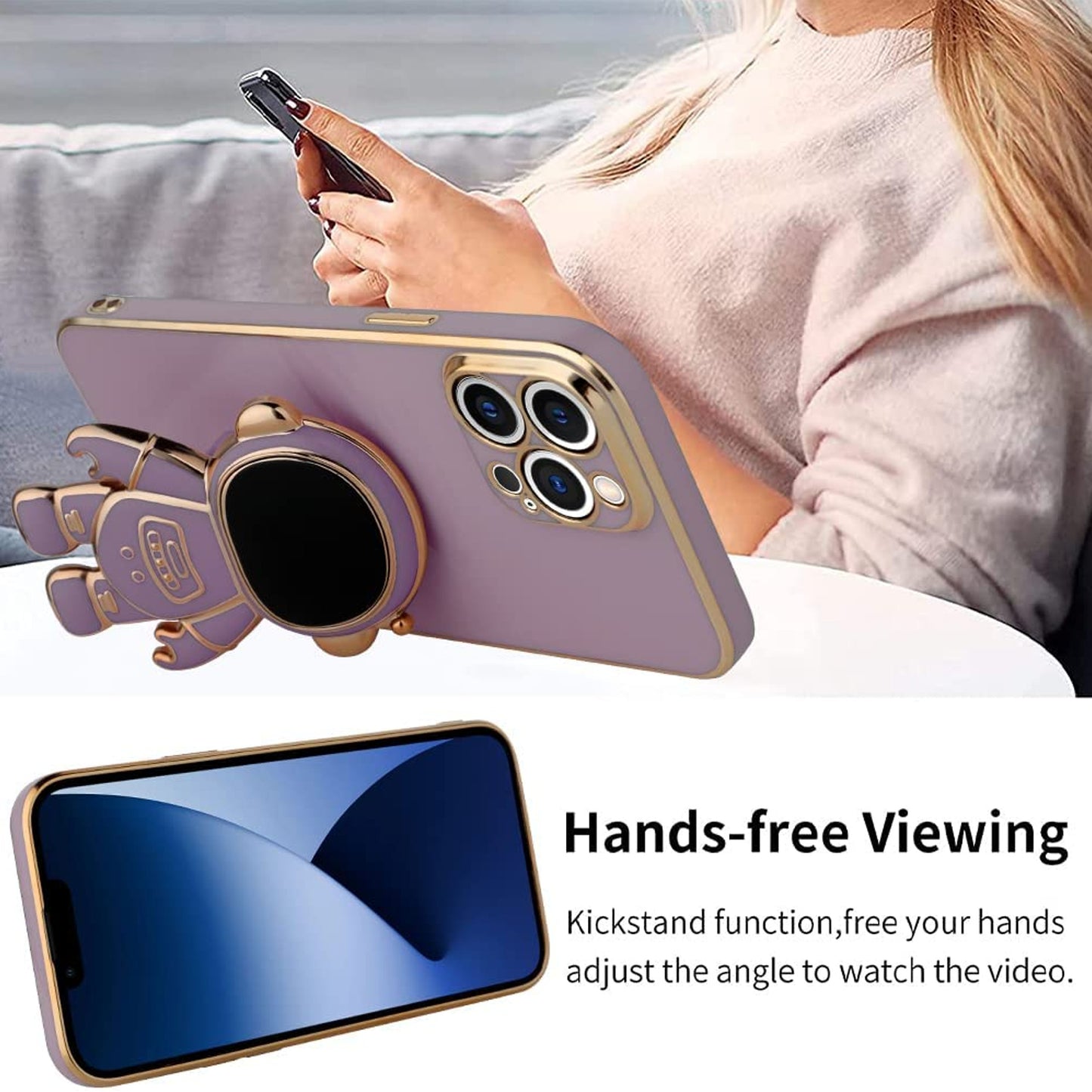 For Apple iPhone 14 /Plus Pro Max Astronaut Hidden Stand Holder Plating Hybrid Electroplated Bumper Shockproof Armor Cute  Phone Case Cover