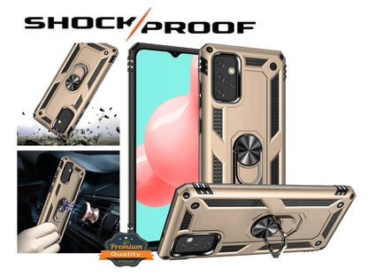 For Samsung Galaxy A22 5G Armor Hybrid Durable 360 Degree Rotatable Ring Stand Holder Kickstand 2in1 Fit Magnetic Car Mount Gold Phone Case Cover
