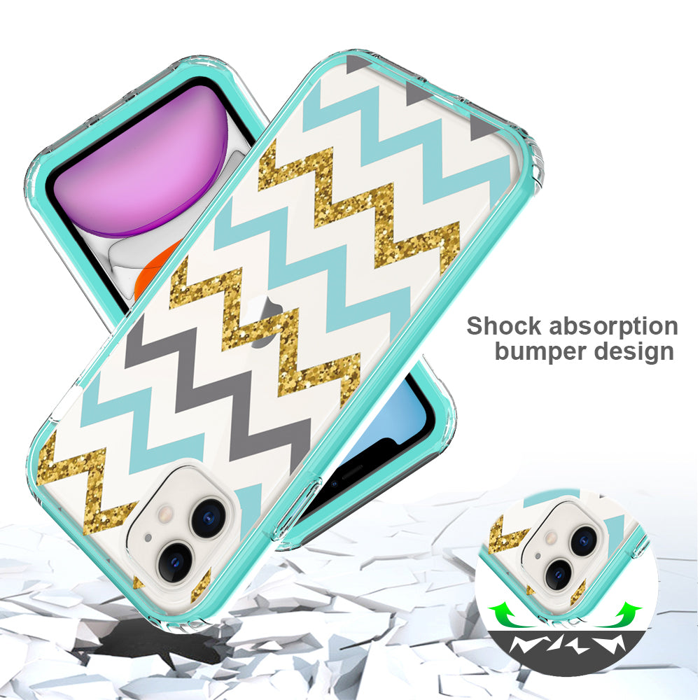 For Apple iPhone 14 Plus (6.7") Beautiful Design 3in1 Hybrid Triple Layer Armor Hard PC Plastic Rubber Frame Teal Chevron Phone Case Cover