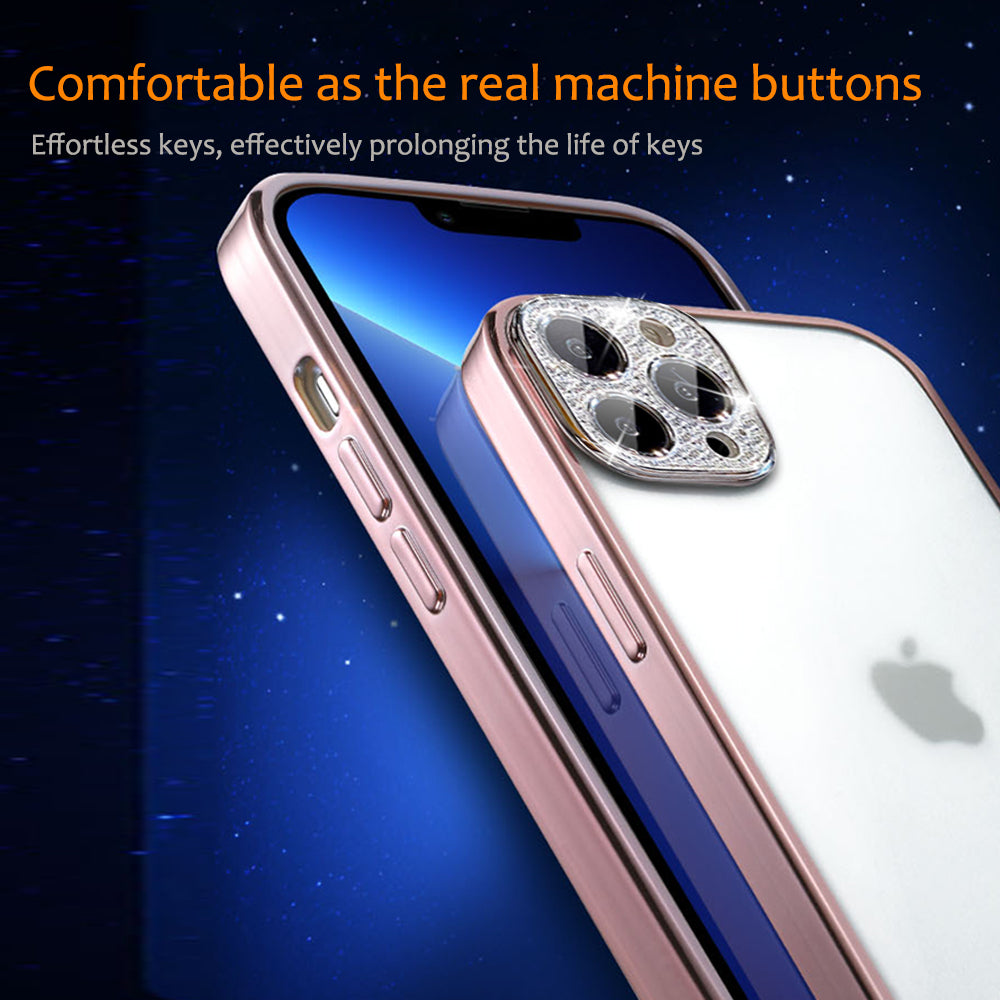 For Apple iPhone 14 /Plus Pro Max Clear Transparent with Color Frame & Diamond Bling Full Camera Lens Raised  Phone Case Cover