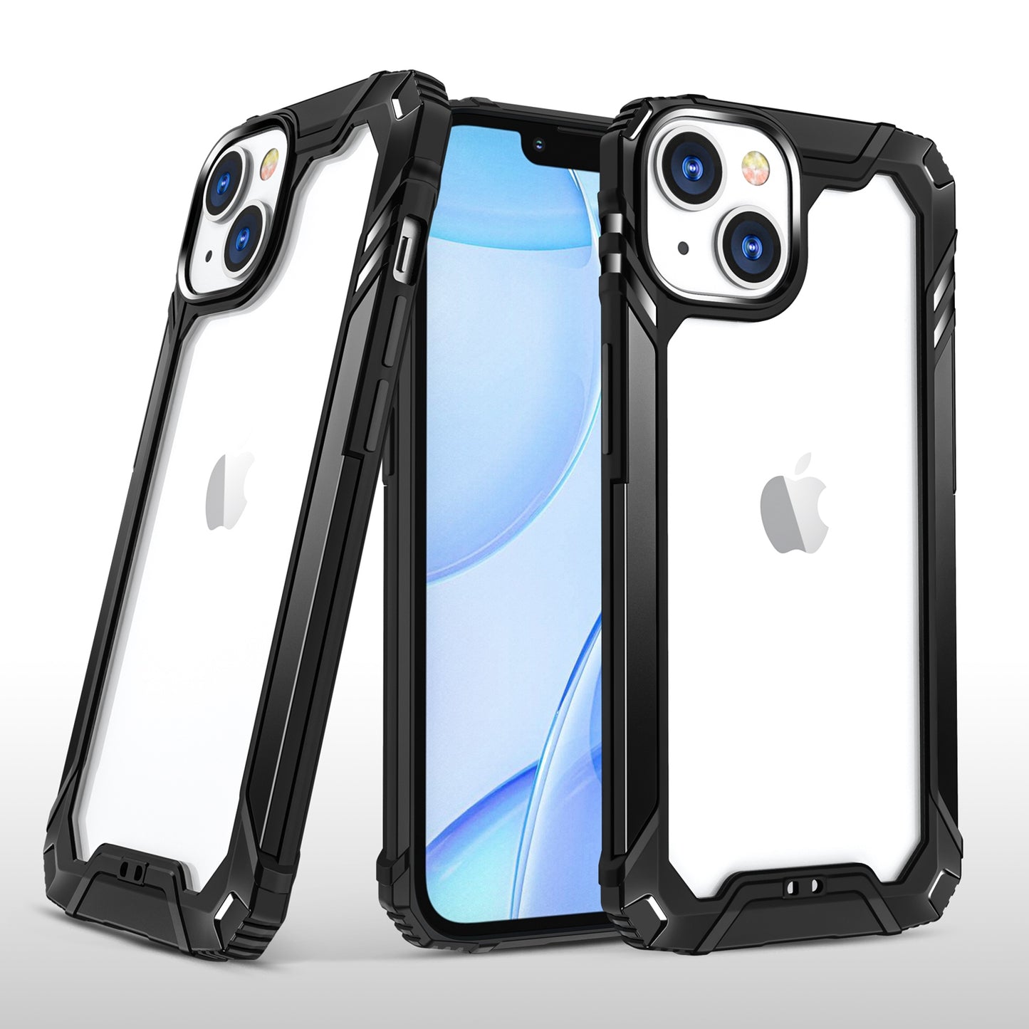 For Apple iPhone 14 (6.1") Metal Frame Transparent Hybrid Rubber TPU + Hard PC Color Bumper Frame Shockproof  Phone Case Cover