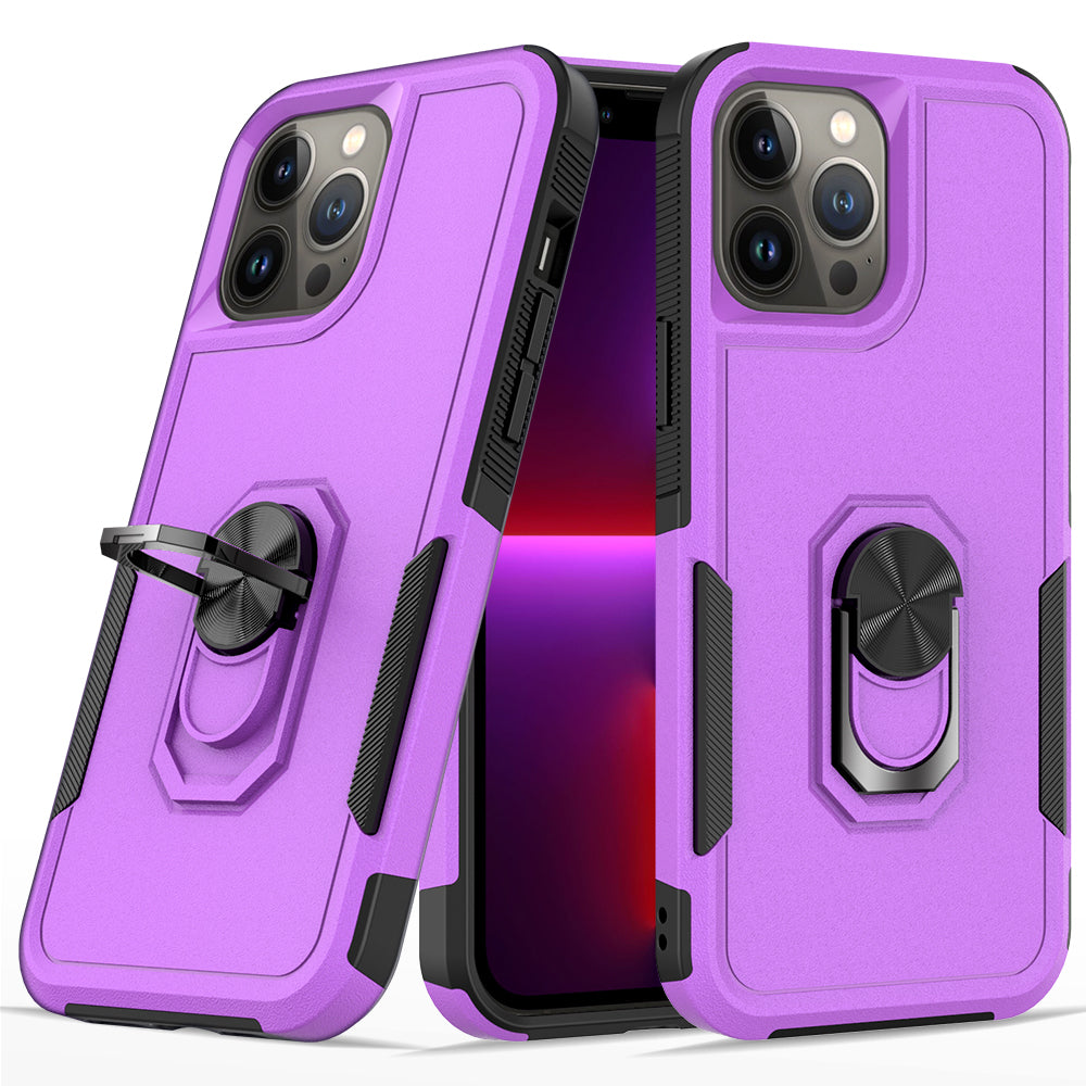 For Apple iPhone 14 Pro (6.1") Hybrid Rugged Hard Drop-Proof 3 Layer Protection Military Grade Armor Metal Ring Stand Purple Phone Case Cover