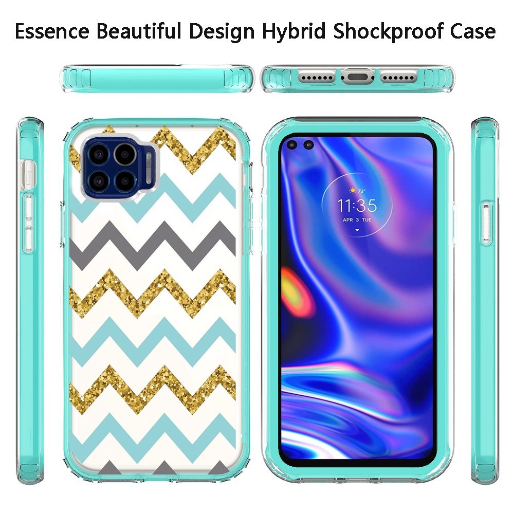 For Motorola Moto G Pure Beautiful Design 3 in 1 Hybrid Triple Layer Armor Hard Plastic Soft Rubber TPU Shockproof Protective Frame Teal Chevron Phone Case Cover