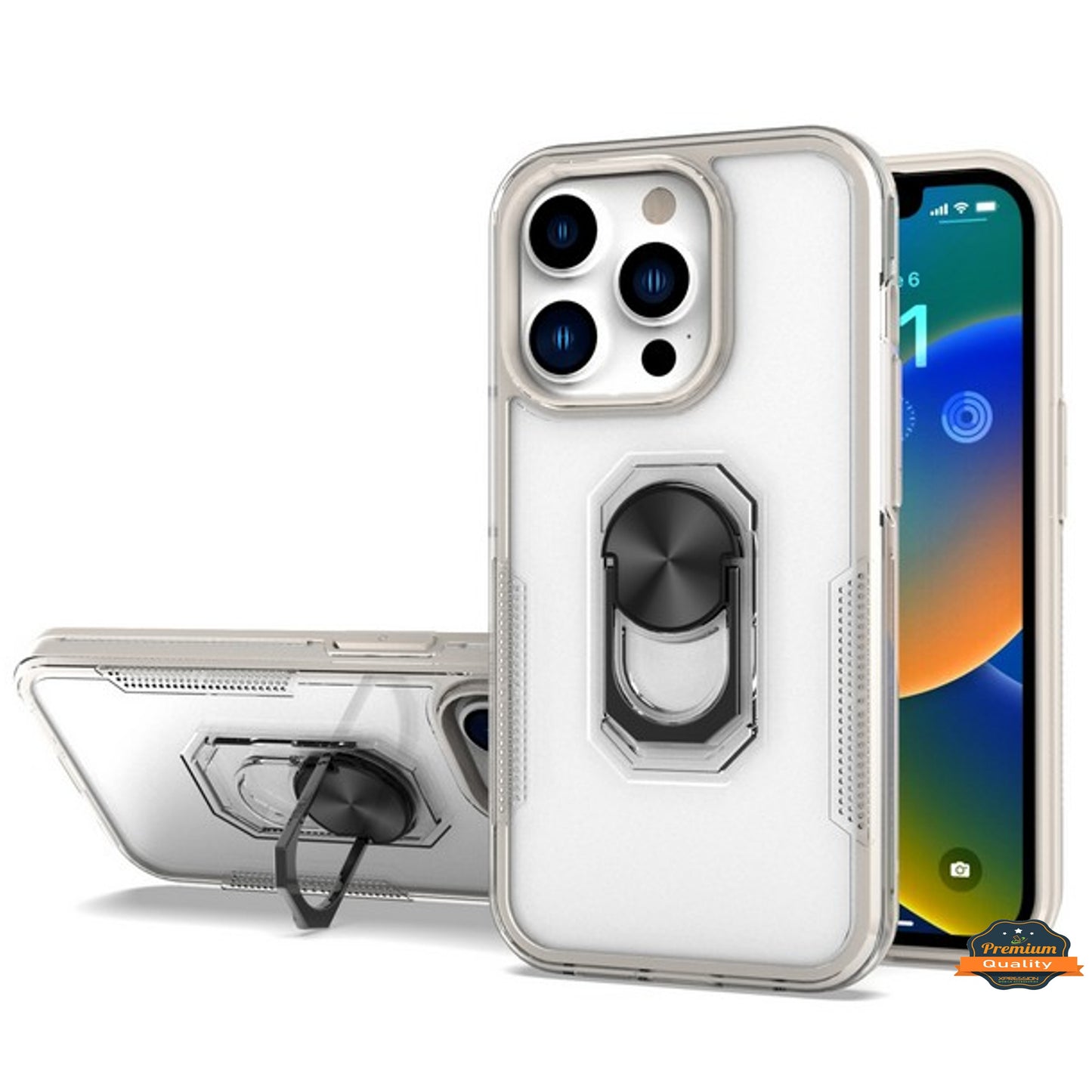 For Apple iPhone 14 /Plus Pro Max Transparent Hybrid PC Magnetic Ring Stand (Fit Car Mount) Detachable Frame  Phone Case Cover