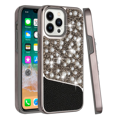 For Apple iPhone 14 Pro Max (6.7") Bling Pearl Diamonds Design Glitter Hybrid Thick Hard TPU Shiny Protective Frame  Phone Case Cover