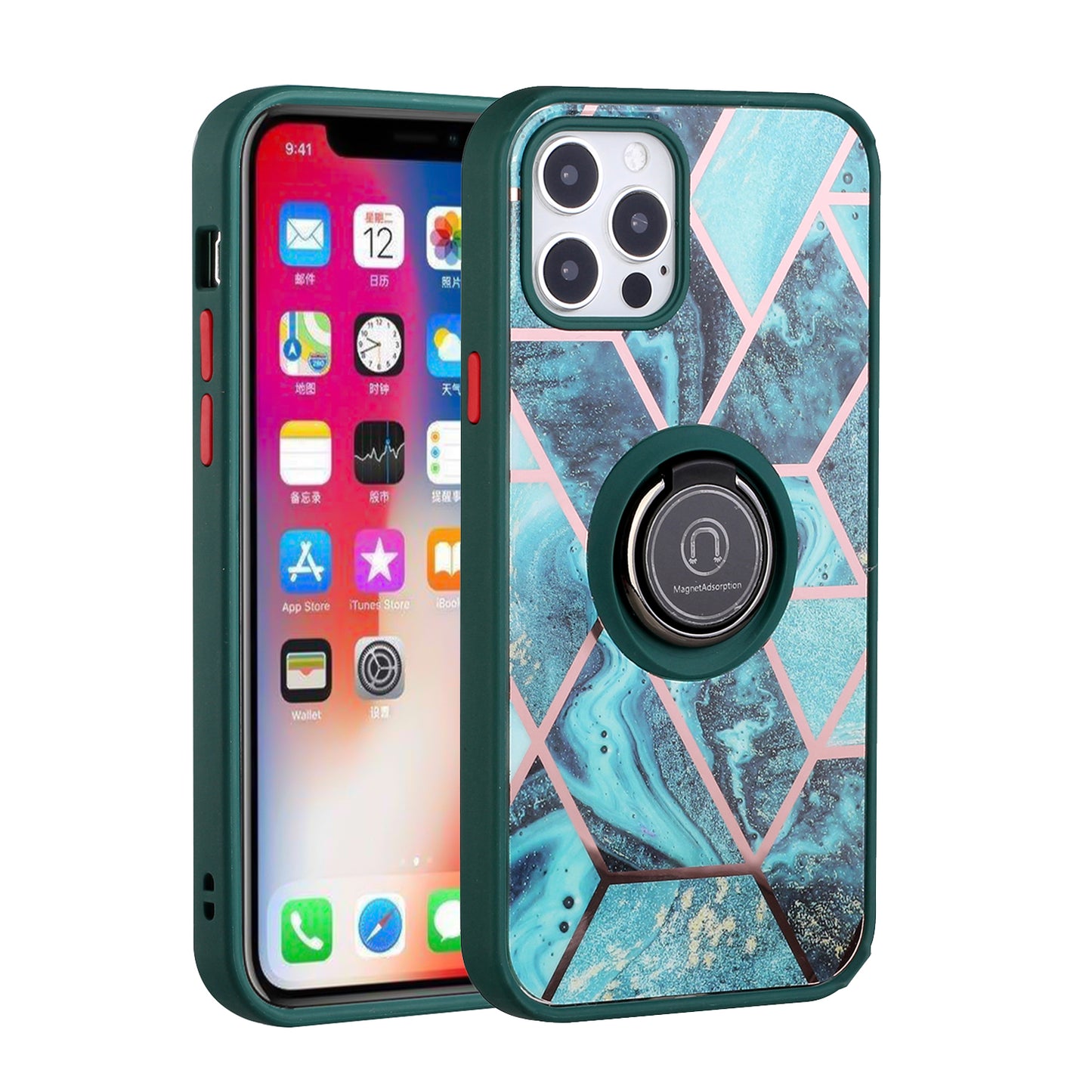 For Apple iPhone 14 Pro (6.1") Unique Marble Design with Magnetic Ring Kickstand Holder Hybrid TPU Hard Shockproof  Phone Case Cover