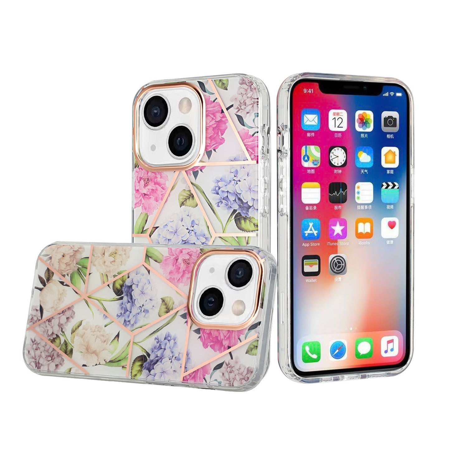 For Apple iPhone 14 Plus 6.7" Fashion Floral IMD Design Flower Pattern Hybrid Protective Hard Rubber TPU Slim Back  Phone Case Cover