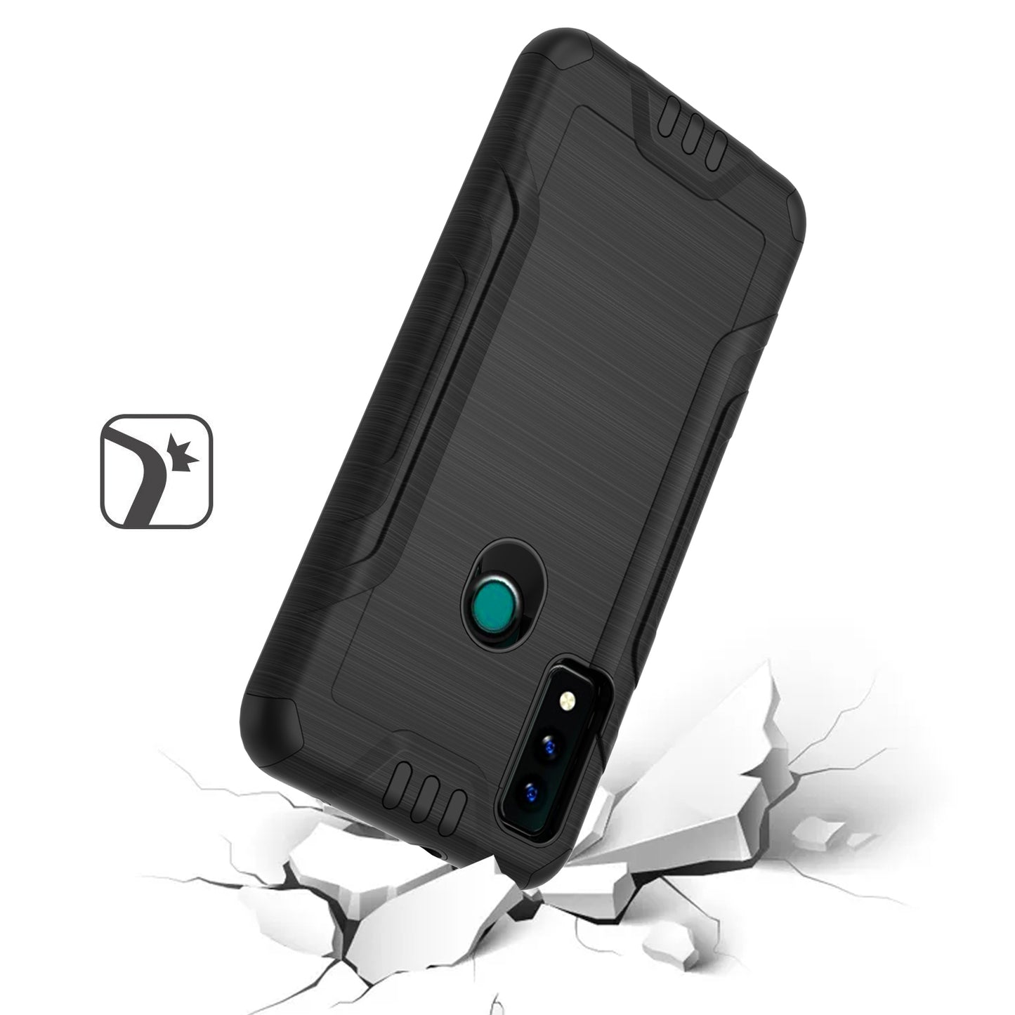 For AT&T Maestro 3 Hybrid Dual Layer Slim Metallic Brush Texture Hard PC TPU Rubber with Screen Protector Tempered Glass  Phone Case Cover