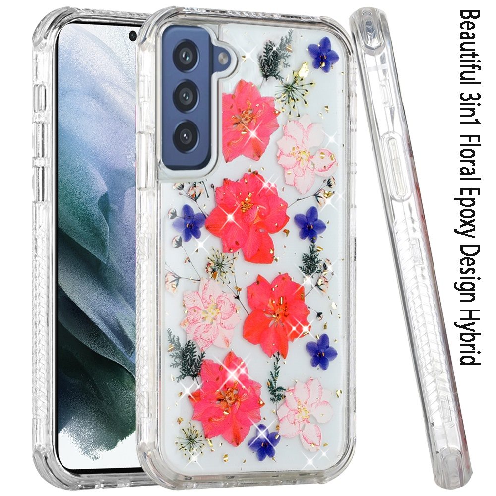 For Samsung Galaxy S22 Ultra Sparkle Glitter Floral Epoxy Design Shockproof Hybrid Fashion Bling Rubber TPU  Phone Case Cover