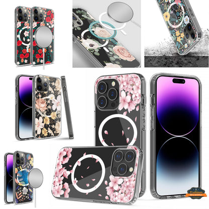 For Apple iPhone 14 Pro Max (6.7") Hybrid Flower Design Stylish Fashion Thick Hard MagSafe Compatible  Phone Case Cover