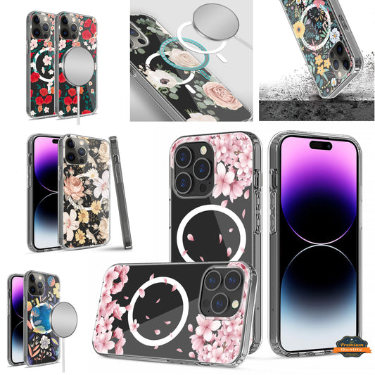 For Apple iPhone 14 Pro Max (6.7") Hybrid Flower Design Stylish Fashion Thick Hard MagSafe Compatible  Phone Case Cover