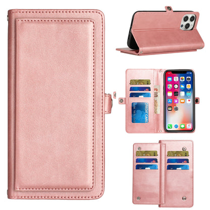 For Apple iPhone 14 Pro (6.1") Luxury 9 ID Cash Credit Card Slots Holder Carrying Pouch Folio Flip PU Leather Lanyard Kickstand  Phone Case Cover