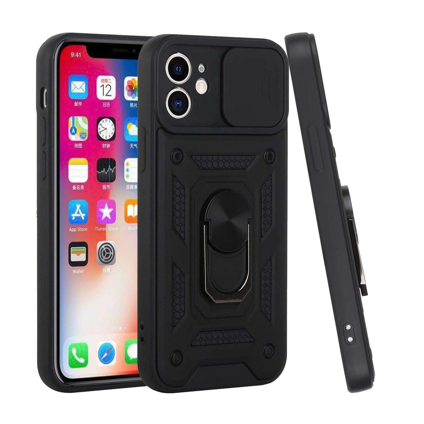 For Apple iPhone 13 Pro (6.1") Hybrid Cases with Slide Camera Lens Cover and Ring Holder Kickstand Rugged Dual Layer Heavy Duty Hard  Phone Case Cover