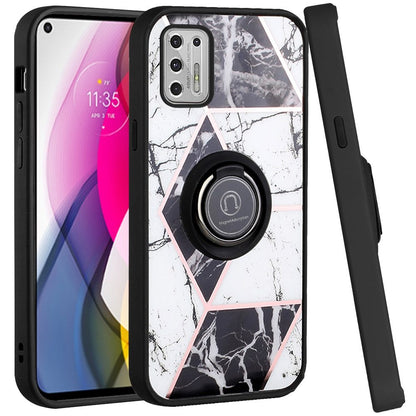 For Motorola Moto G 5G 2022 Marble Design with Magnetic Ring Kickstand Holder Hybrid TPU Hard PC Shockproof Armor Classy Black Phone Case Cover