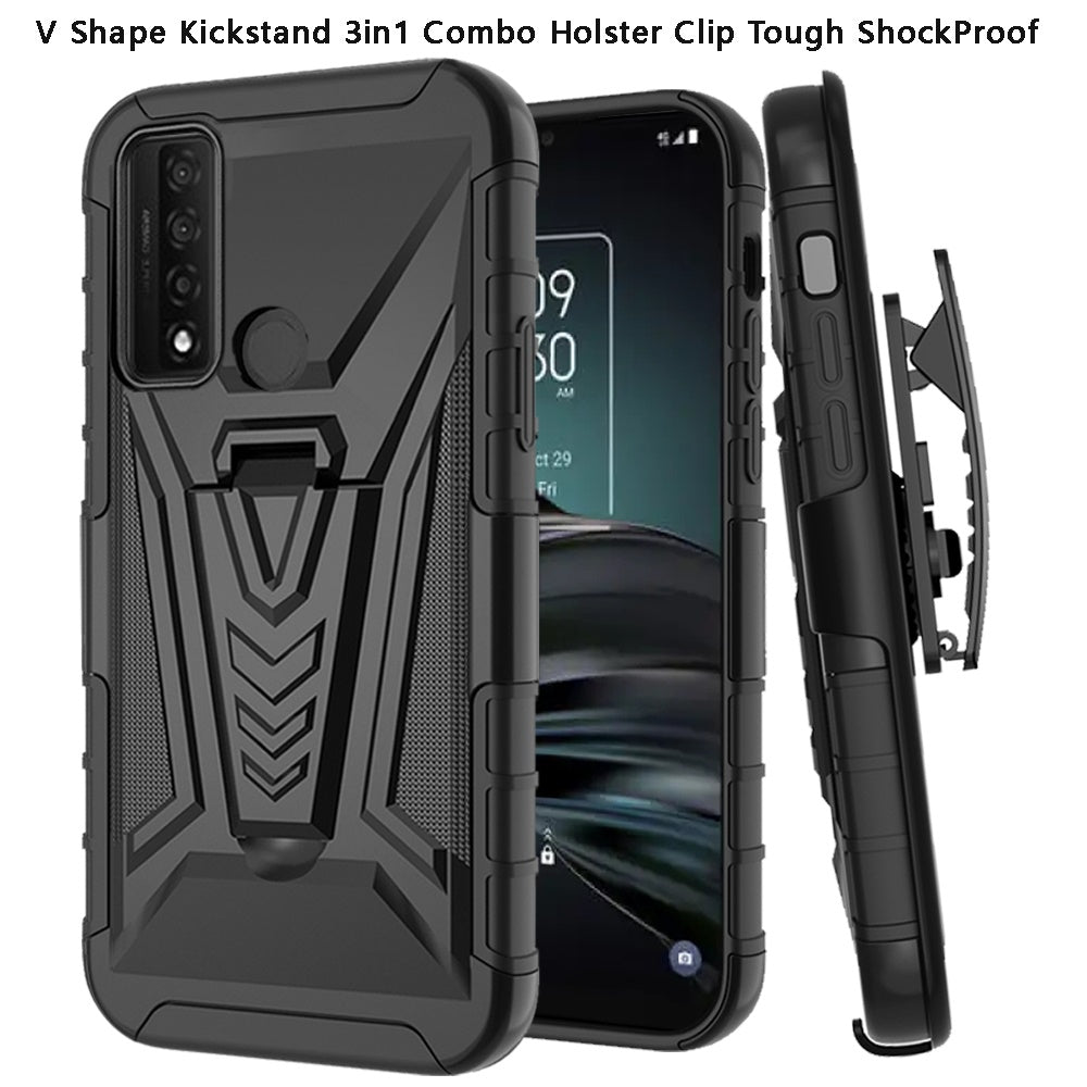 For TCL 20 XE Combo 3 in 1 Rugged Belt Clip Holster Heavy Duty Tuff Hybrid Armor Rugged Hard TPU Rubber with Kickstand Stand  Phone Case Cover