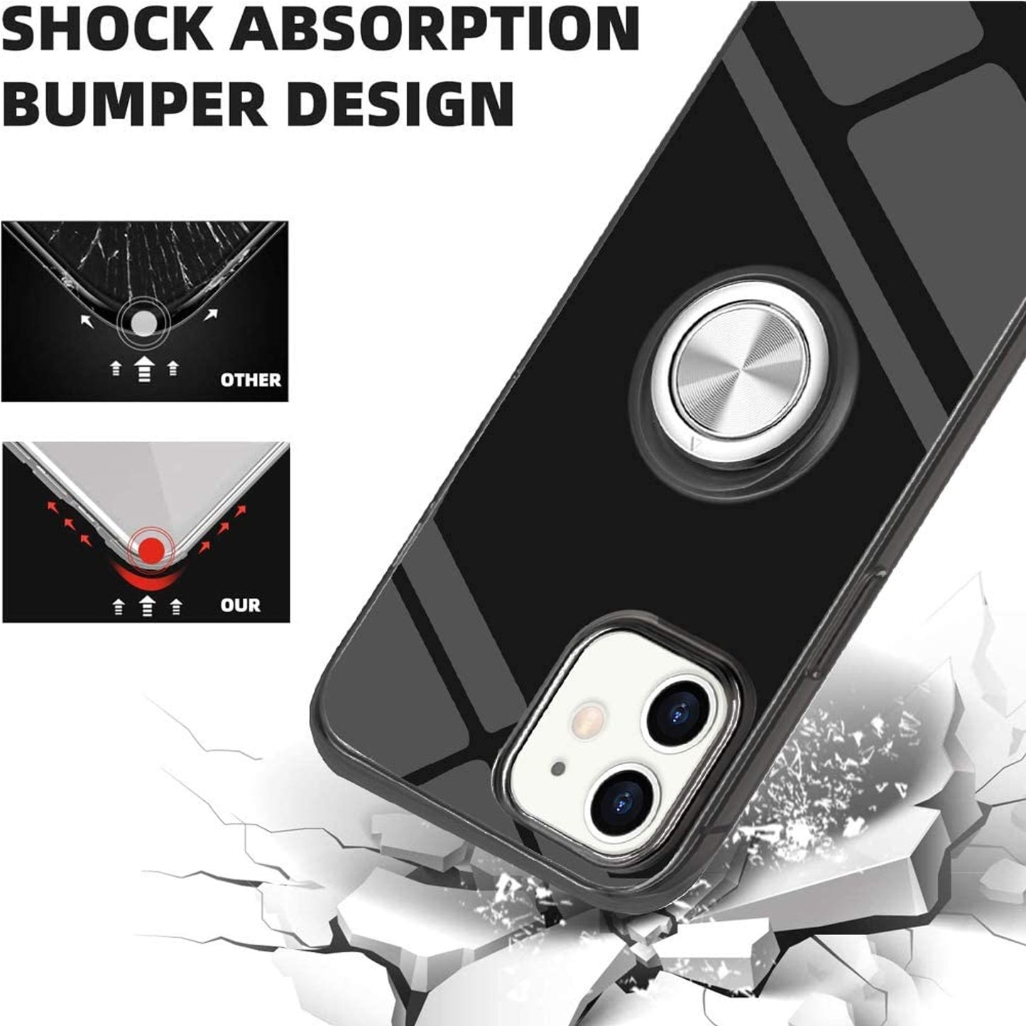 For Apple iPhone 14 (6.1") Rubber Hybrid 360° Ring Holder Stand Kickstand Fit Car Mount Shockproof Bumper Protection  Phone Case Cover